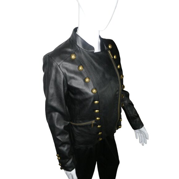 Vince Camuto Black Leather Jacket Gold Buttons Women's Small‎ - Picture 3 of 9